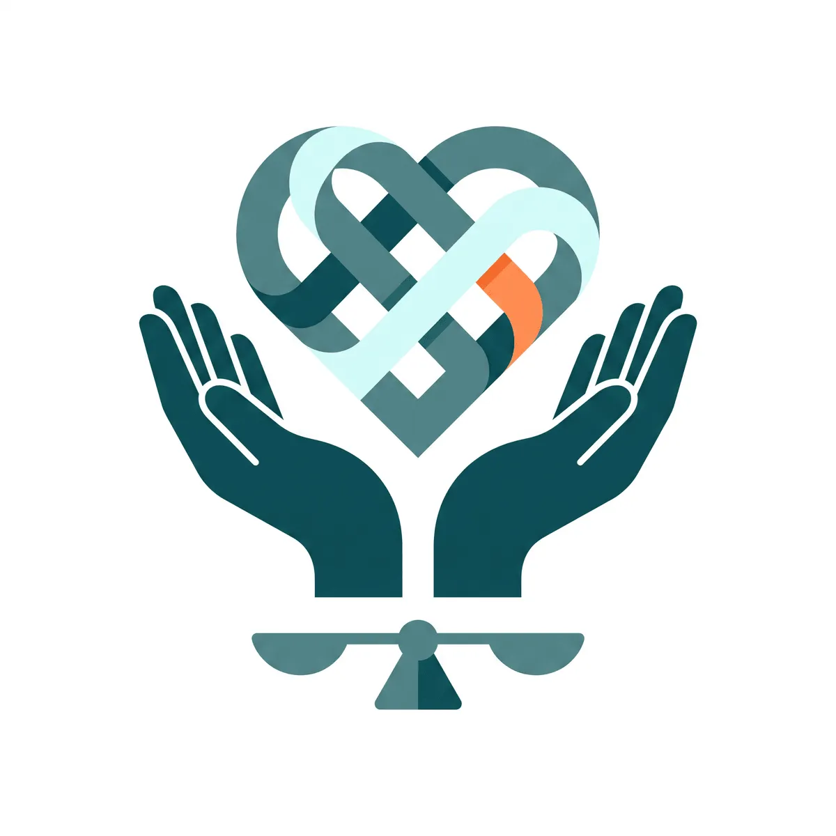Open hands holding a knotted heart above balanced scales