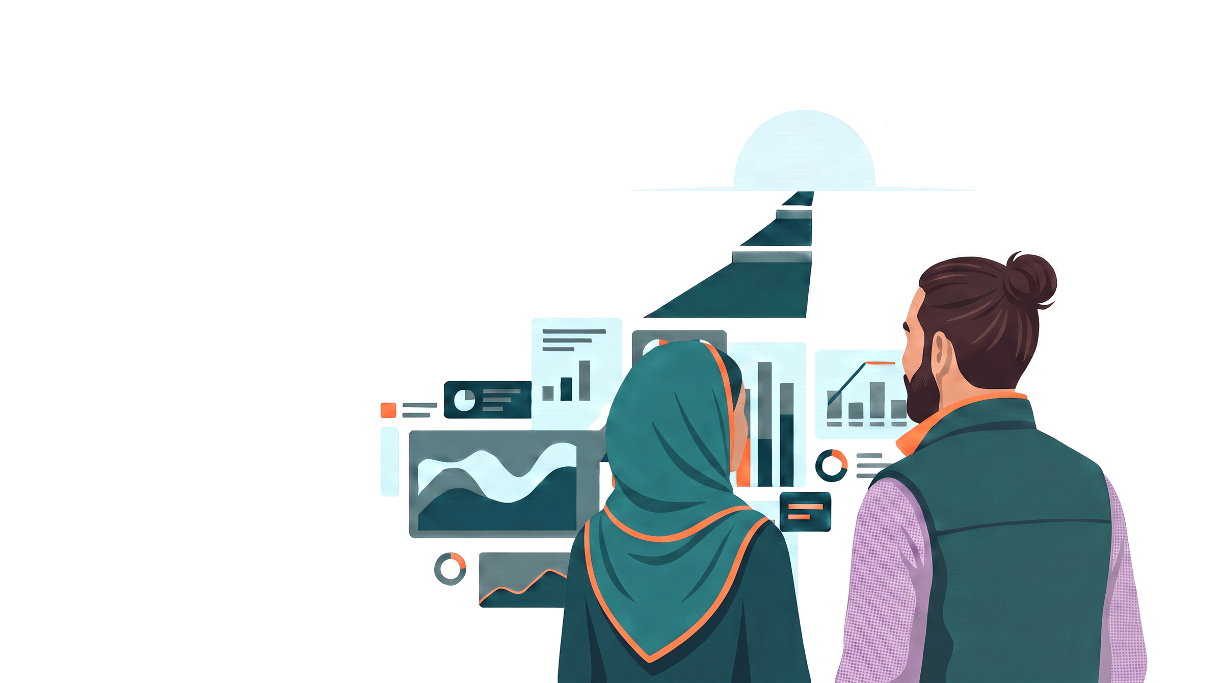 The two Beyond Accounts founders, seen from behind, looking past financial charts to a road that leads towards a rising sun