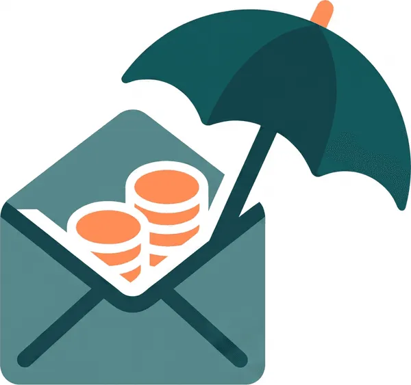 Open envelope of coins sheltered by an umbrella